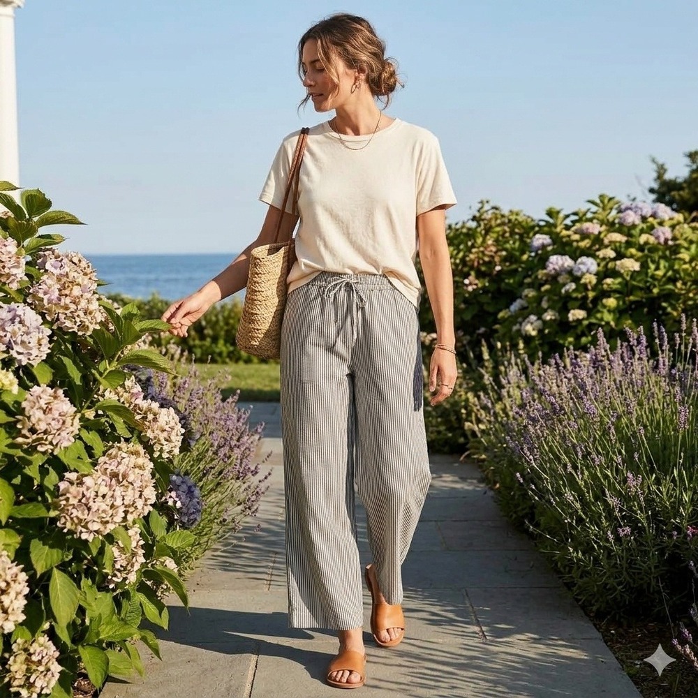 J Crew Linen Blend Pants Womens 12 Blue White Minimalist Pinstripe Wide Leg